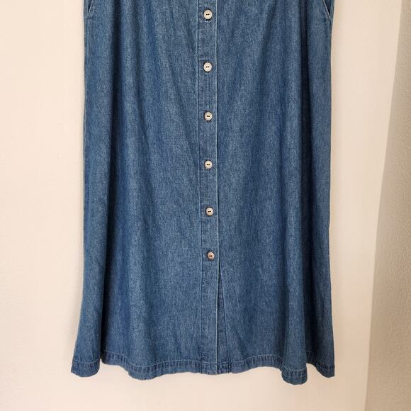 Vintage 80s Denim Midi Skirt Chambray Button Front A-Line Prairie Skirt  L - Picture 3 of 9